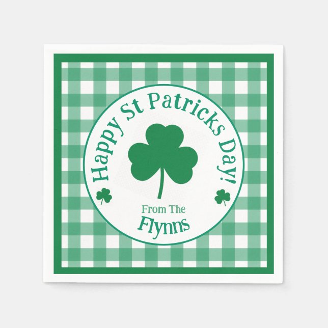 St Patricks Day NAME Irish Clover Green Check Napkins (Front)
