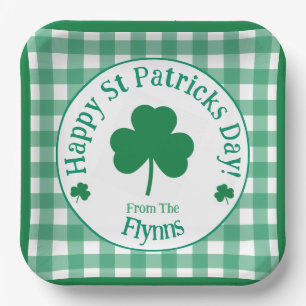 St Patricks Day NAME Irish Clover Green Check Paper Plates