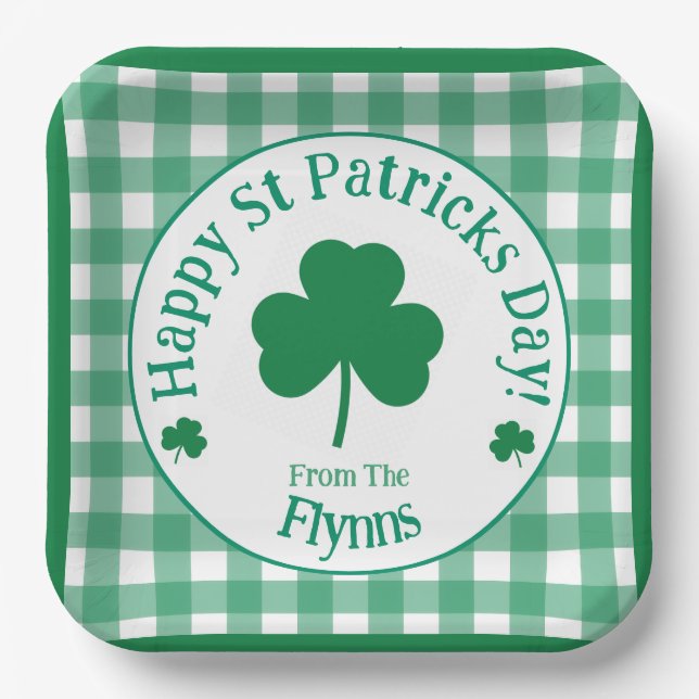 St Patricks Day NAME Irish Clover Green Check Paper Plates (Front)