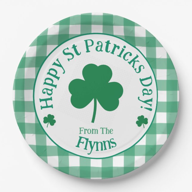 St Patricks Day NAME Irish Clover Green Check Paper Plates (Front)