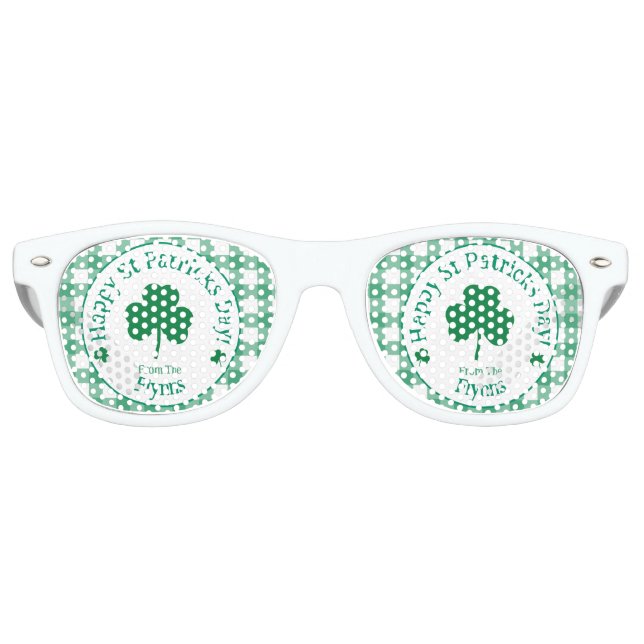St Patricks Day NAME Irish Clover Green Check Retro Sunglasses (Front)
