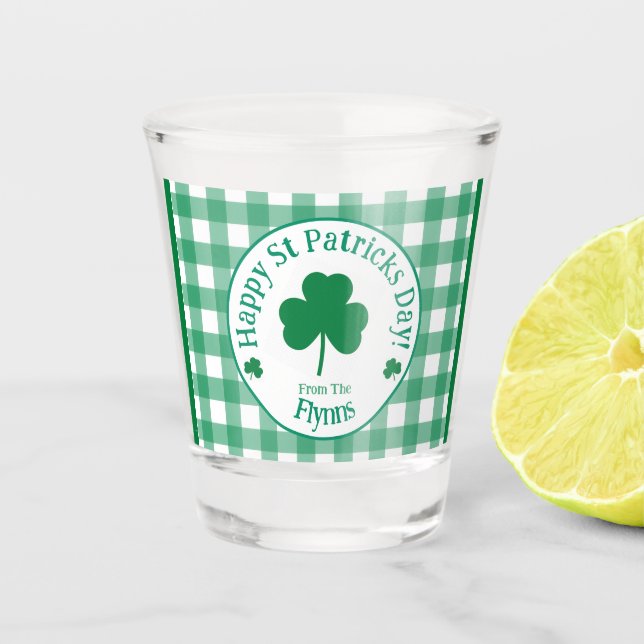 St Patricks Day NAME Irish Clover Green Check Shot Glass (Front)