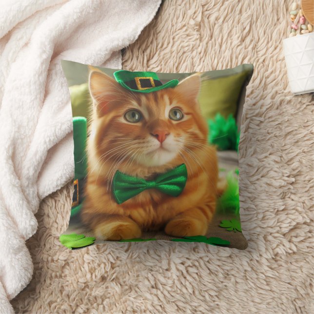St Patrick's Day Orange Tabby Throw Pillow (Blanket)