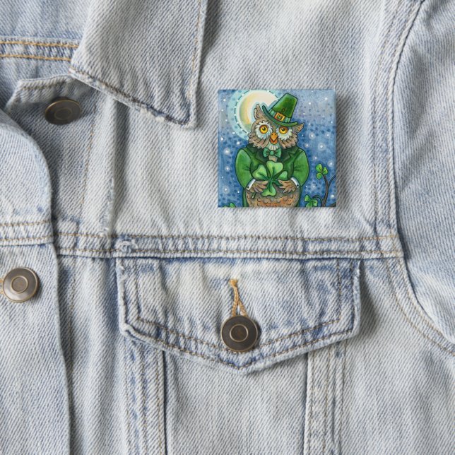 ST. PATRICK'S DAY OWL, 4 LEAF CLOVER LEPRECHAUN BUTTON (In Situ)