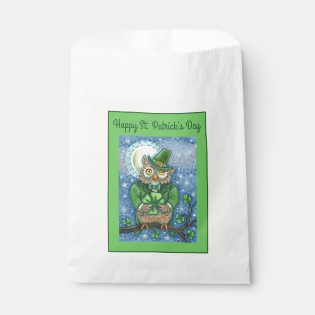 ST. PATRICK'S DAY OWL, 4 LEAF CLOVER LEPRECHAUN FAVOR BAG (Front)
