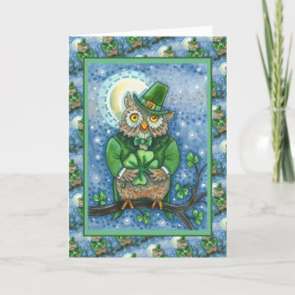 ST. PATRICK'S DAY OWL, 4 LEAF CLOVER LEPRECHAUN HOLIDAY CARD
