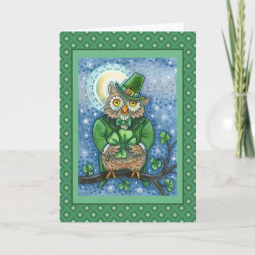 ST. PATRICK'S DAY OWL, 4 LEAF CLOVER LEPRECHAUN HOLIDAY CARD