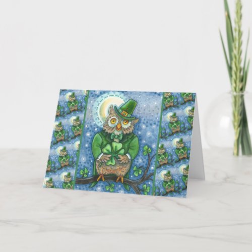 ST PATRICKS DAY OWL 4 LEAF CLOVER LEPRECHAUN HOLIDAY CARD