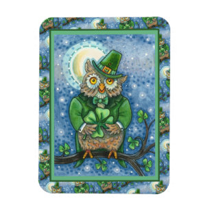 ST. PATRICK'S DAY OWL, 4 LEAF CLOVER LEPRECHAUN MAGNET