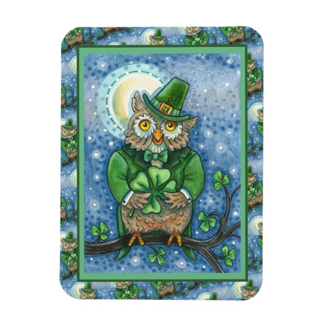 ST. PATRICK'S DAY OWL, 4 LEAF CLOVER LEPRECHAUN MAGNET (Vertical)