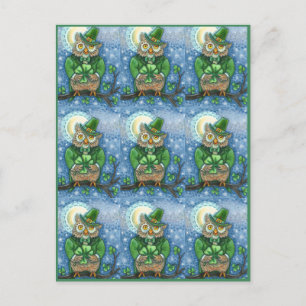 ST. PATRICK'S DAY OWL, 4 LEAF CLOVER LEPRECHAUN POSTCARD