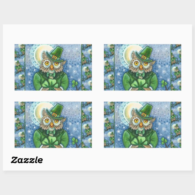 ST. PATRICK'S DAY OWL, 4 LEAF CLOVER LEPRECHAUN RECTANGULAR STICKER (Sheet)