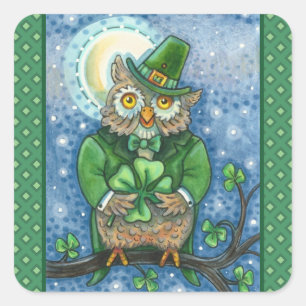 ST. PATRICK'S DAY OWL, 4 LEAF CLOVER LEPRECHAUN SQUARE STICKER