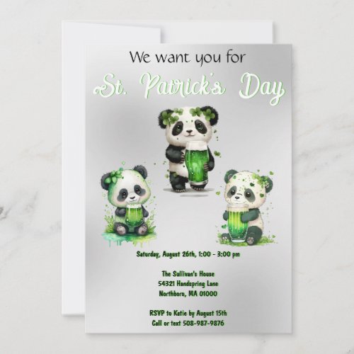 St Patricks Day Panda Bear Party Invitation