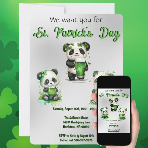 St Patricks Day Panda Bear Party Invitation 