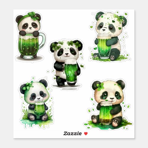 St Patricks Day Panda Bears w Green Irish Drink Sticker