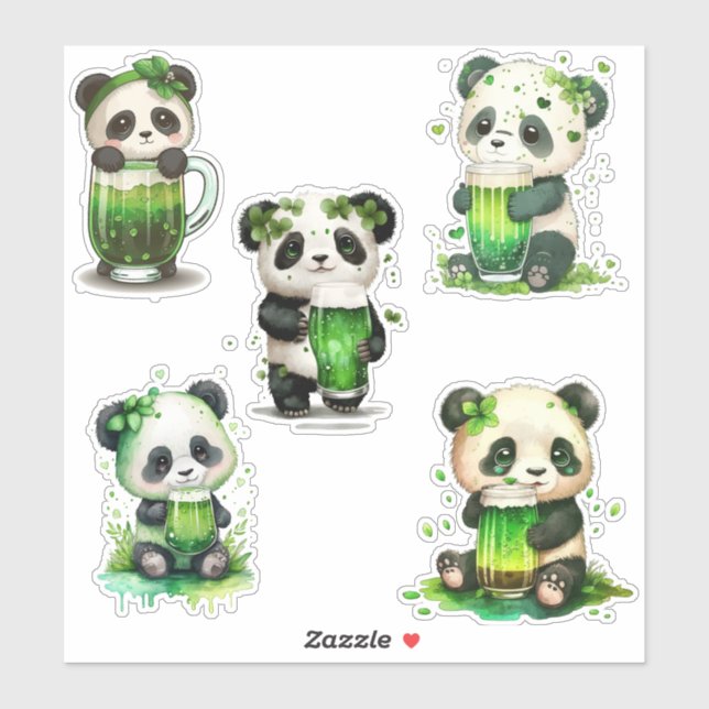 St Patrick's Day Panda Bears w/ Green Irish Drink Sticker (Sheet)