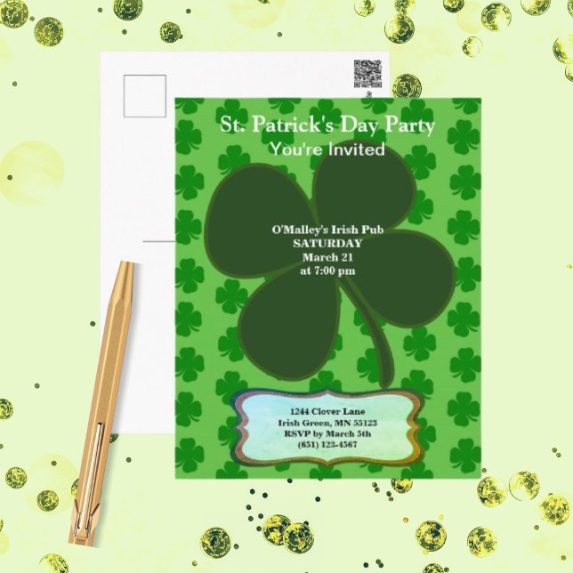 St. Patrick's Day Party Four Leaf Clover & Pattern Postcard (Creator Uploaded)