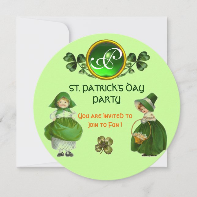 ST. PATRICK'S DAY PARTY GREEN EMERALD MONOGRAM INVITATION (Front)