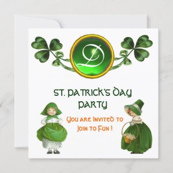 St. Patrick's Day Party Green Emerald Monogram Invitation by bulgan_lumini at Zazzle
