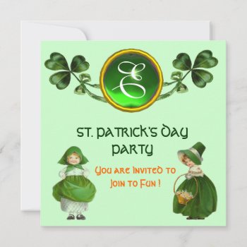 St. Patrick's Day Party Green Emerald Monogram Invitation by bulgan_lumini at Zazzle