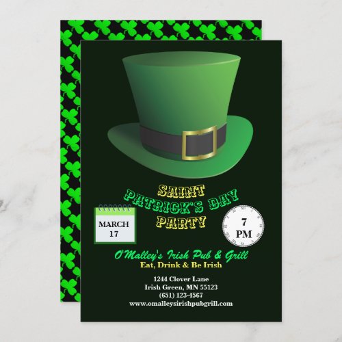 St Patricks Day Party Green Hat  Shamrocks Invitation