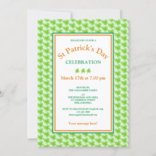 St Patricks Day Party Green Orange Shamrock Invitation