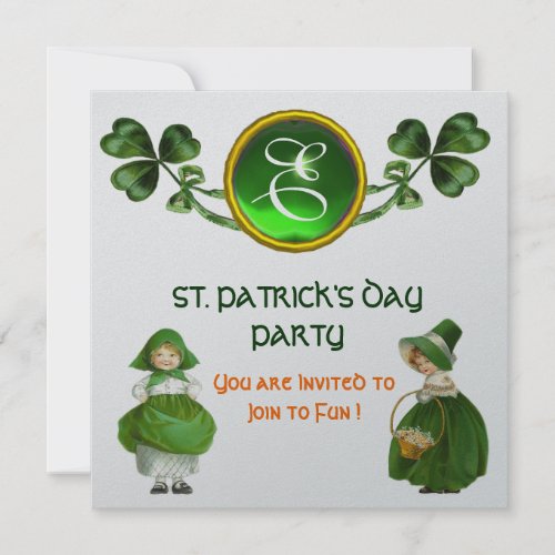 ST PATRICKS DAY PARTY GREEN SILVER MONOGRAM INVITATION