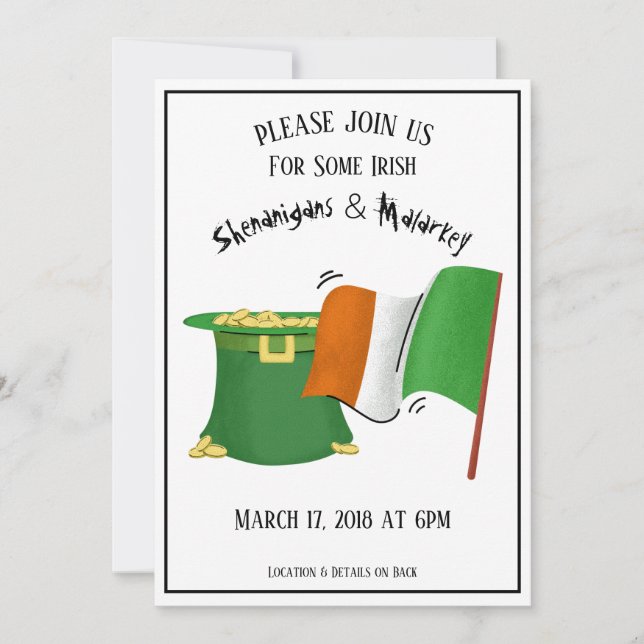 St. Patrick's Day Party Invitation Gold Pot & Flag (Front)