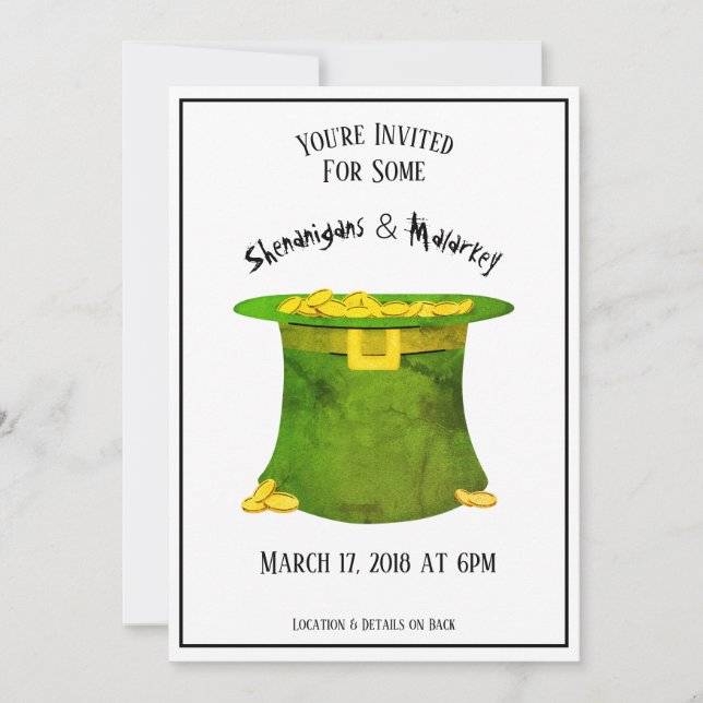 St. Patrick's Day Party Invitation Green Hat Gold (Front)