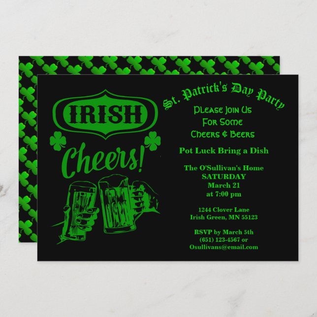 St Patrick's Day Party Irish Cheers Pot Luck Invitation (Front/Back)