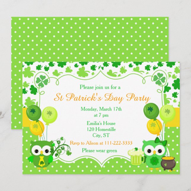 St Patrick's Day Party Owls Invitation (Front/Back)