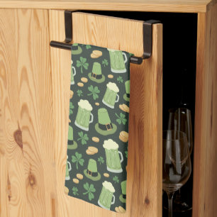 St Patricks Day Pattern Dark Green Cheers Shamrock Kitchen Towel