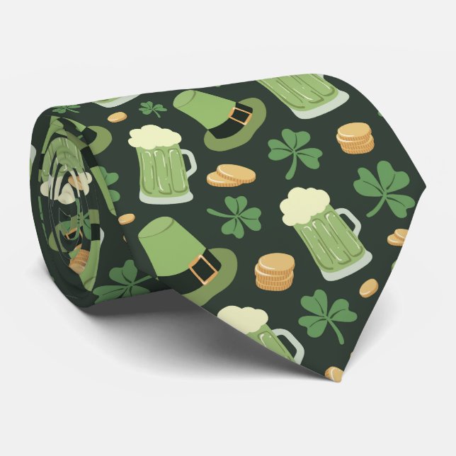St Patricks Day Pattern Dark Green Cheers Shamrock Neck Tie (Rolled)
