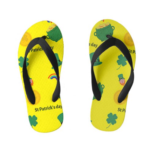 St patricks day pattern on yellow kids flip flops