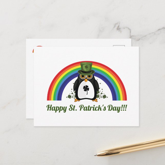 St. Patricks Day Penguin and Rainbow Postcard (Front/Back In Situ)