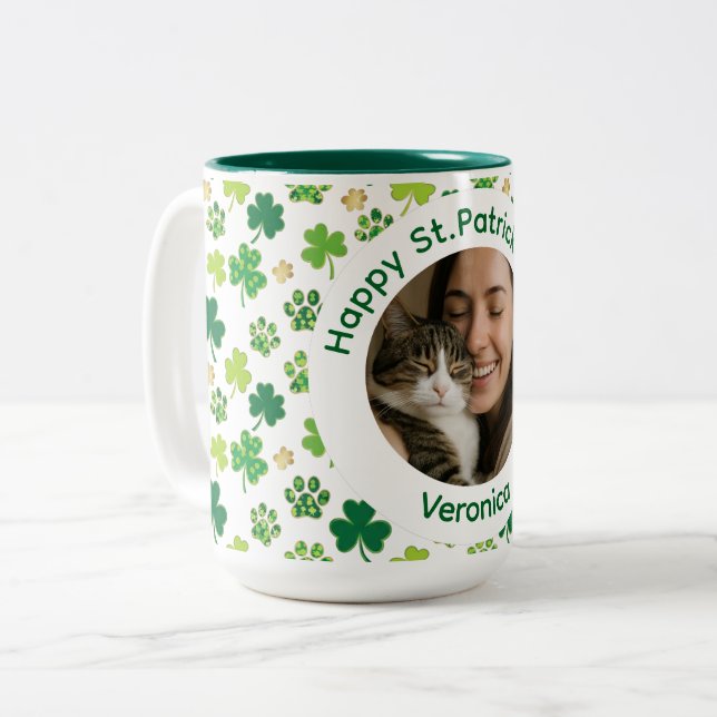 St. Patrick's Day Personalized Cat Mom Photo Mug (Front Left)