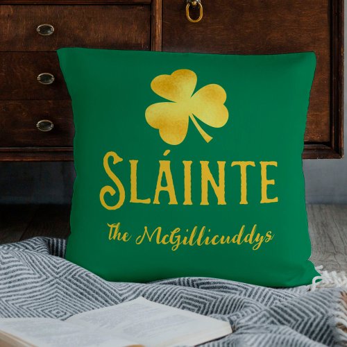 St Patricks Day Personalized Slinte Irish Green Throw Pillow