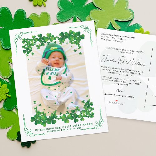 St Patricks Day Photo Birth  Announcement Postcard