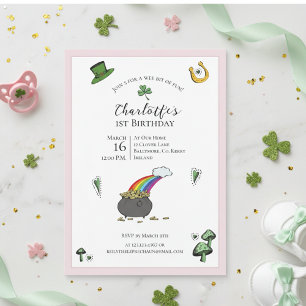 St Patricks Day Pink Rainbow 1st Birthday Invitation
