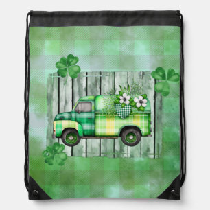 St. Patrick's Day Plaid Vintage Truck Drawstring Bag