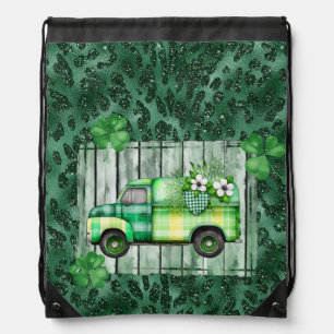 St. Patrick's Day Plaid Vintage Truck Drawstring Bag