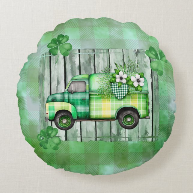 St. Patrick's Day Plaid Vintage Truck  Round Pillow (Front)