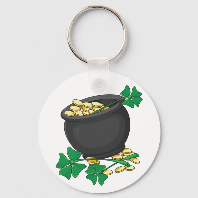St Patricks Day Pot of Gold and Lucky Shamrocks  Keychain (Front)