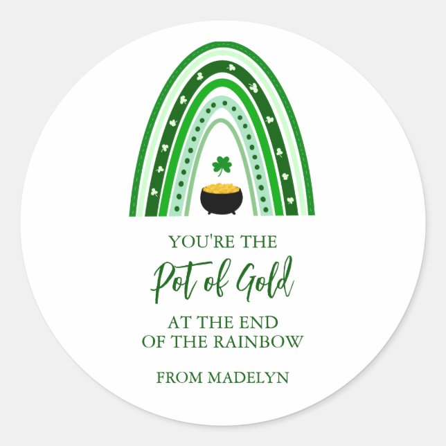 St. Patrick's Day Pot of Gold Boho Rainbow Classic Round Sticker (Front)