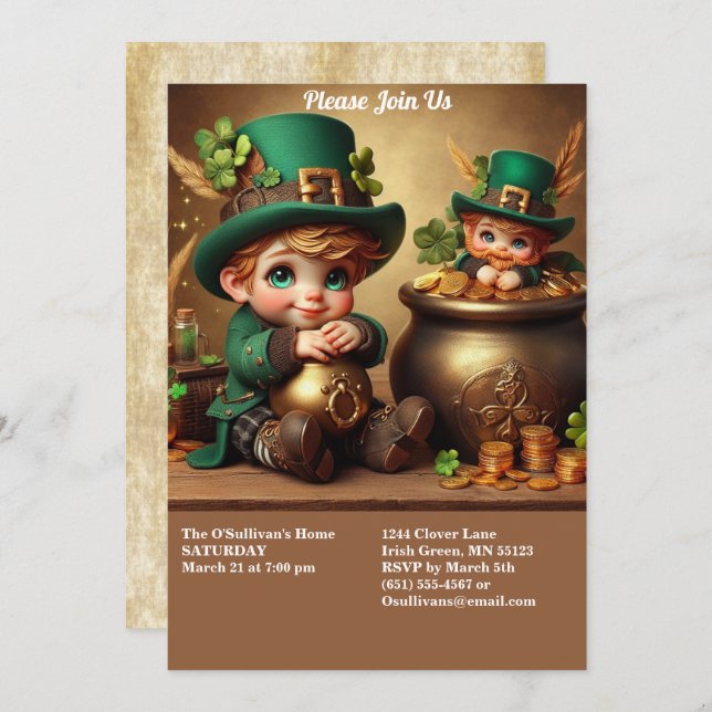 St Patrick's Day Pot of Gold Boy Leprechaun Party Invitation (Front/Back)