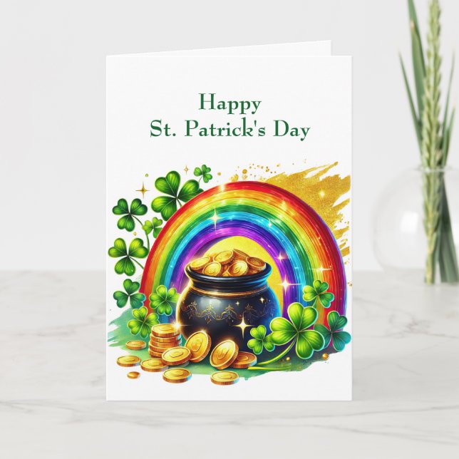 St Patricks Day Pot Of Gold  Illustration Holiday Card (Front)