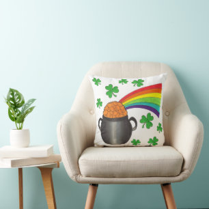 St. Patrick's Day Pot of Gold Rainbow Shamrock Throw Pillow