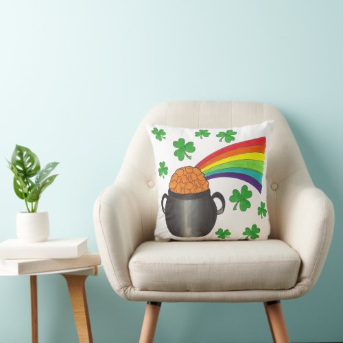 St Patricks Day Pot of Gold Rainbow Shamrock Throw Pillow