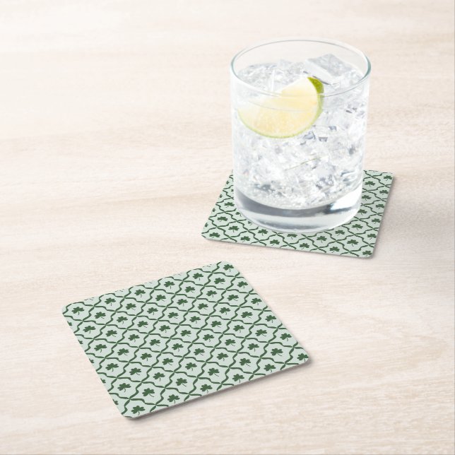 St. Patrick's Day Preppy Shamrock Clover Lattice  Square Paper Coaster (Insitu)